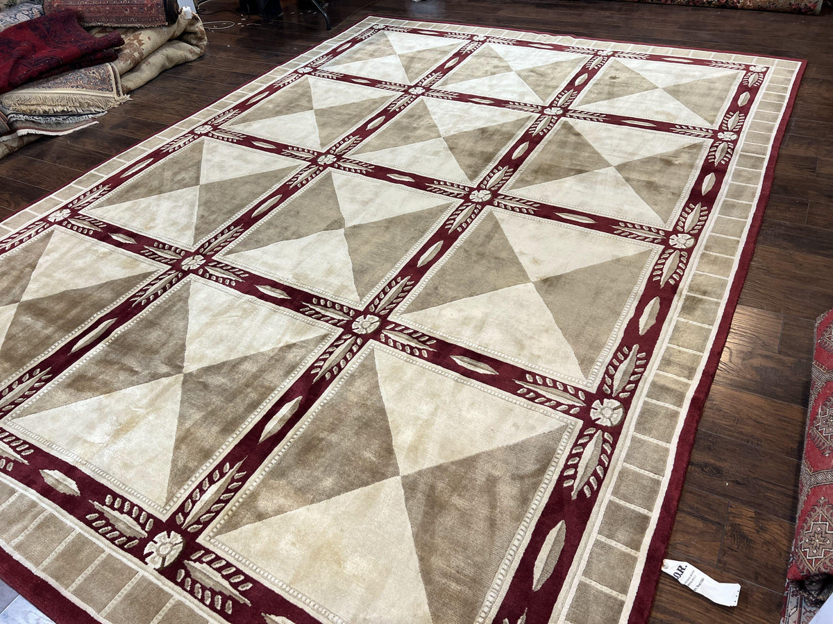 Indo Tibetan Rug 10x14, Nepali Carpet, Large Soft Wool Area Rug, Olive Tan Maroon, Contemporary Rug 10 x 14 ft Living Room Rug, Handmade Rug - Jewel Rugs, view 3