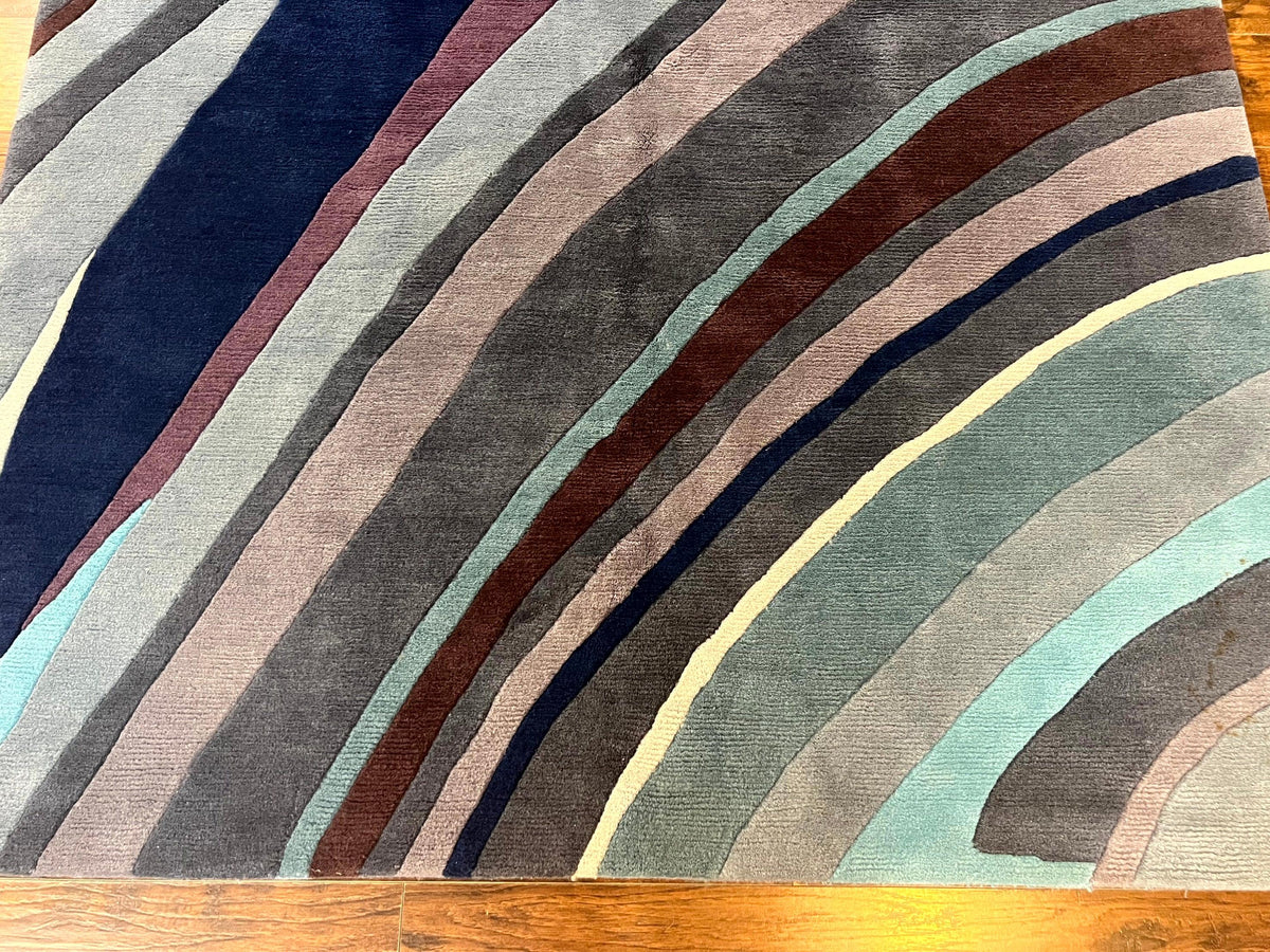 Modern Nepali Handmade Wool Rug 6x8, Blues Gray Mauve, Abstract, Nepali Tibetan Rug - Jewel Rugs, view 6