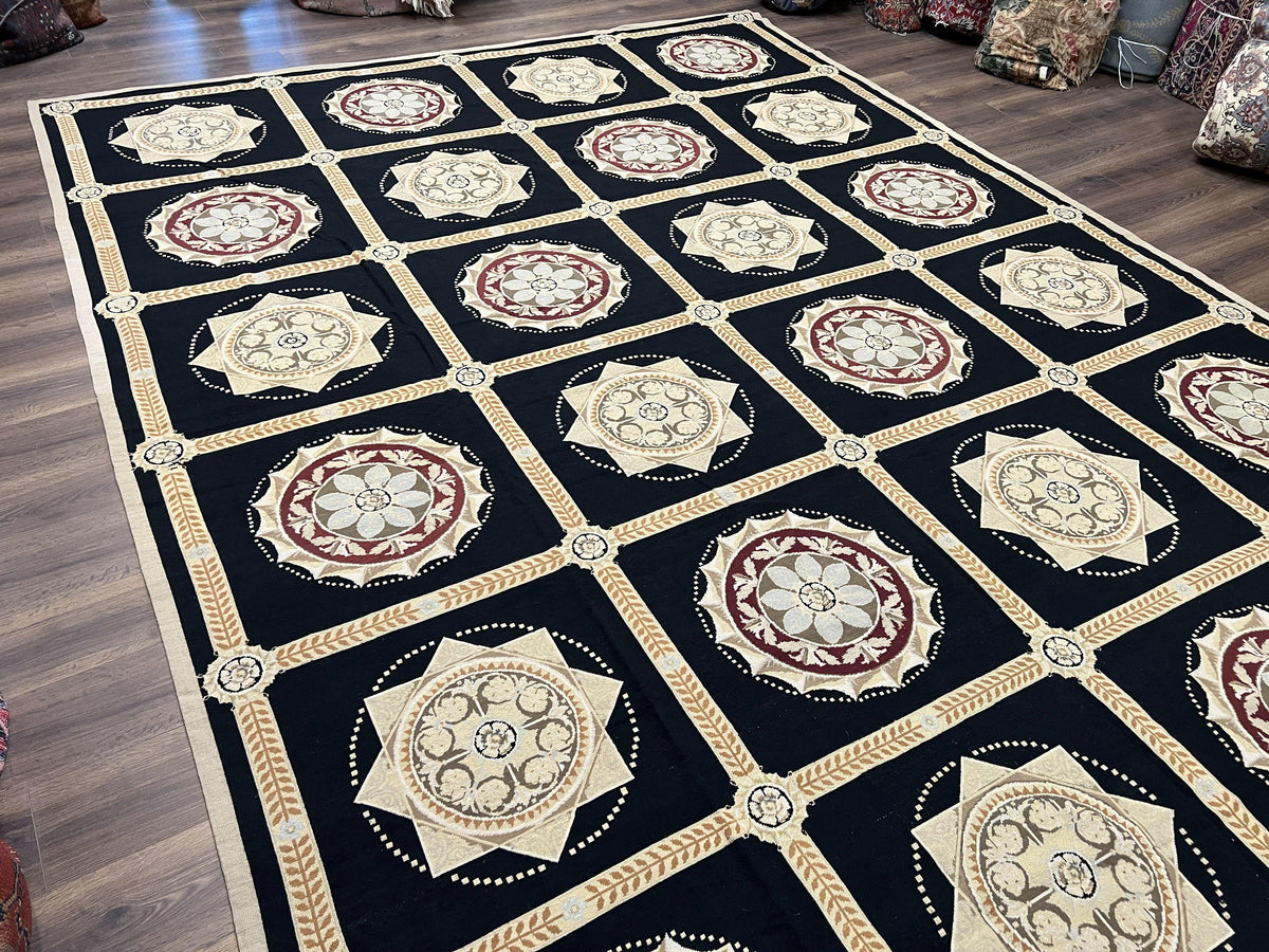 Large Needlepoint Rug 10x13, Panel Design, Black and Beige, Wool Needlepoint Carpet 10 x 13, English Garden, Handwoven Area Rug, Living Room - Jewel Rugs, view 3