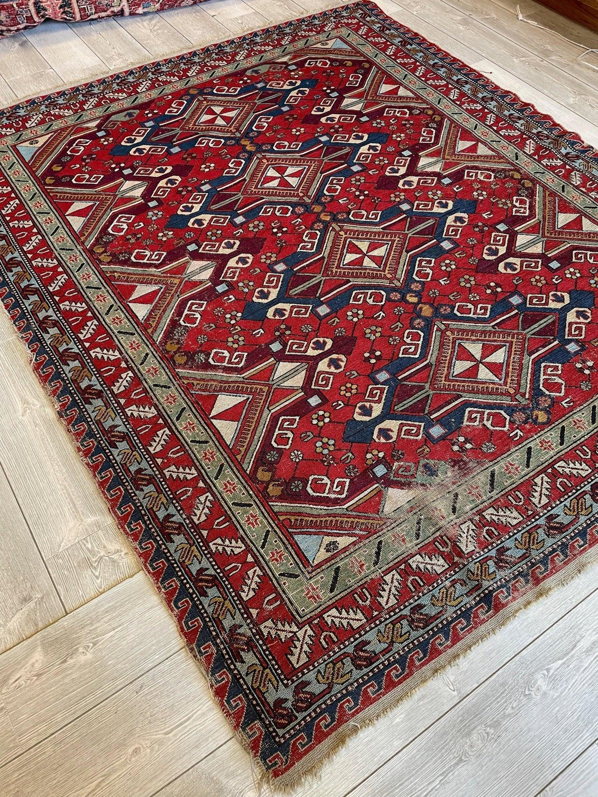 Antique Persian Soumak Rug 6x8 | Red, Navy & Ivory | Hand-Woven Wool Flatweave - Rugistan, view 3