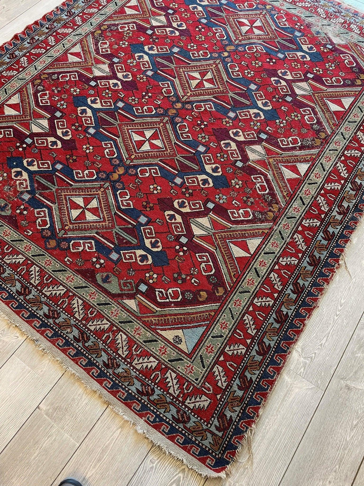 Antique Persian Soumak Rug 6x8 | Red, Navy & Ivory | Hand-Woven Wool Flatweave - Rugistan, view 4