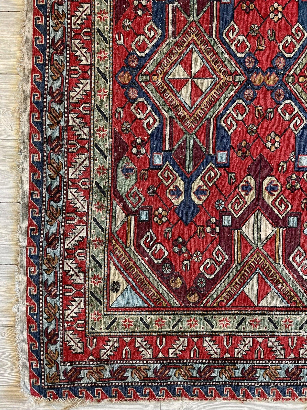Antique Persian Soumak Rug 6x8 | Red, Navy & Ivory | Hand-Woven Wool Flatweave - Rugistan, view 9