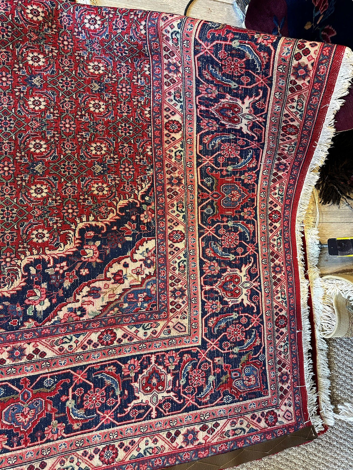 Vintage Persian Moud Rug 9x14 | Red, Navy & Ivory | Hand-Knotted Wool - Rugistan, view 18