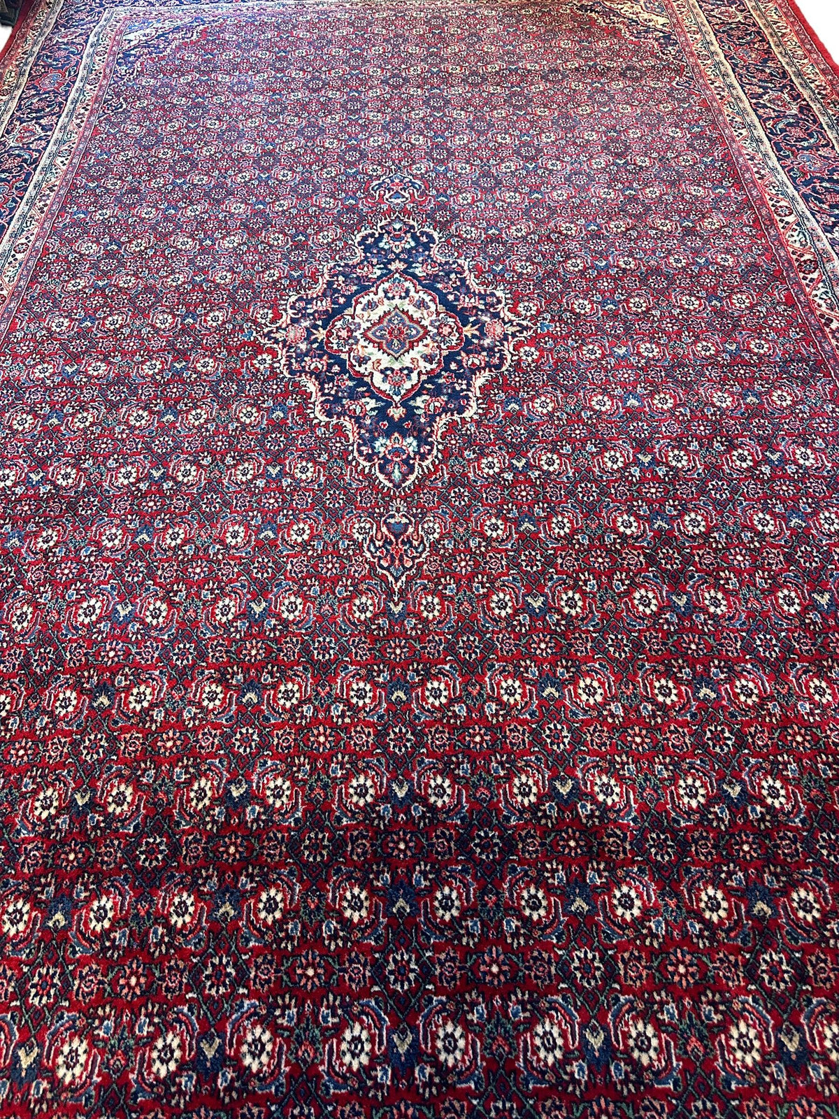 Vintage Persian Moud Rug 9x14 | Red, Navy & Ivory | Hand-Knotted Wool - Rugistan, view 2