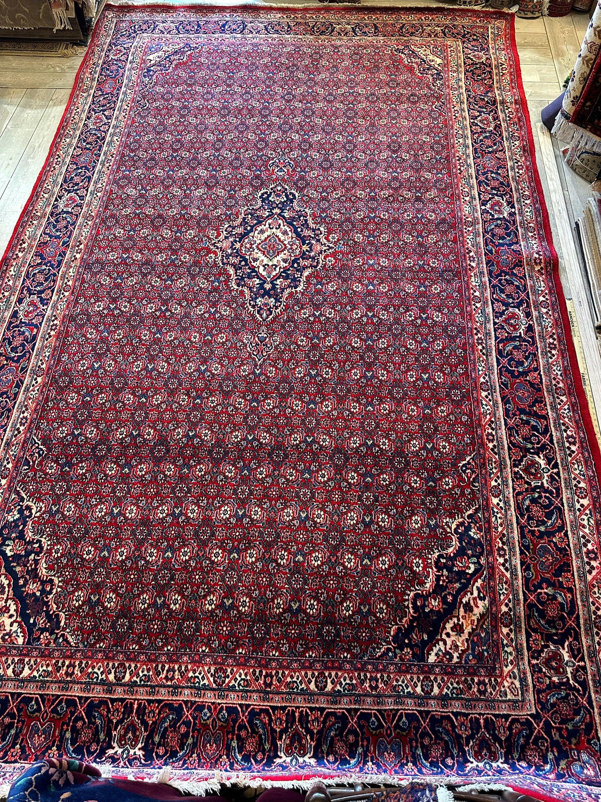 Vintage Persian Moud Rug 9x14 | Red, Navy & Ivory | Hand-Knotted Wool - Rugistan, view 4