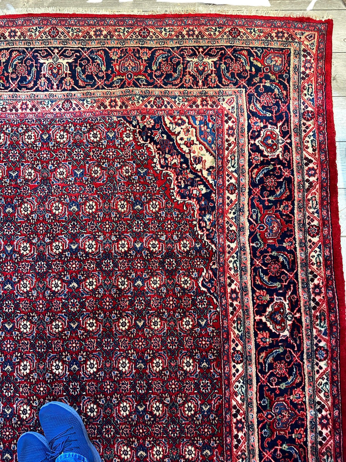 Vintage Persian Moud Rug 9x14 | Red, Navy & Ivory | Hand-Knotted Wool - Rugistan, view 7