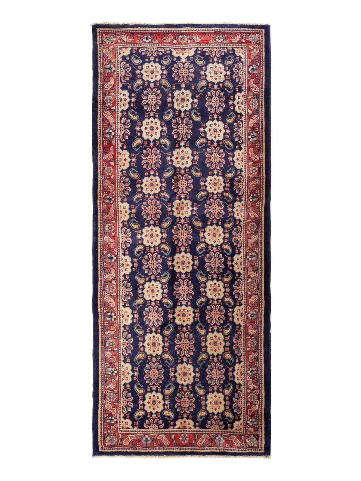 Antique Persian Veramin Runner 4x10 | Navy, Beige & Red | Hand-Knotted Wool - Rugistan