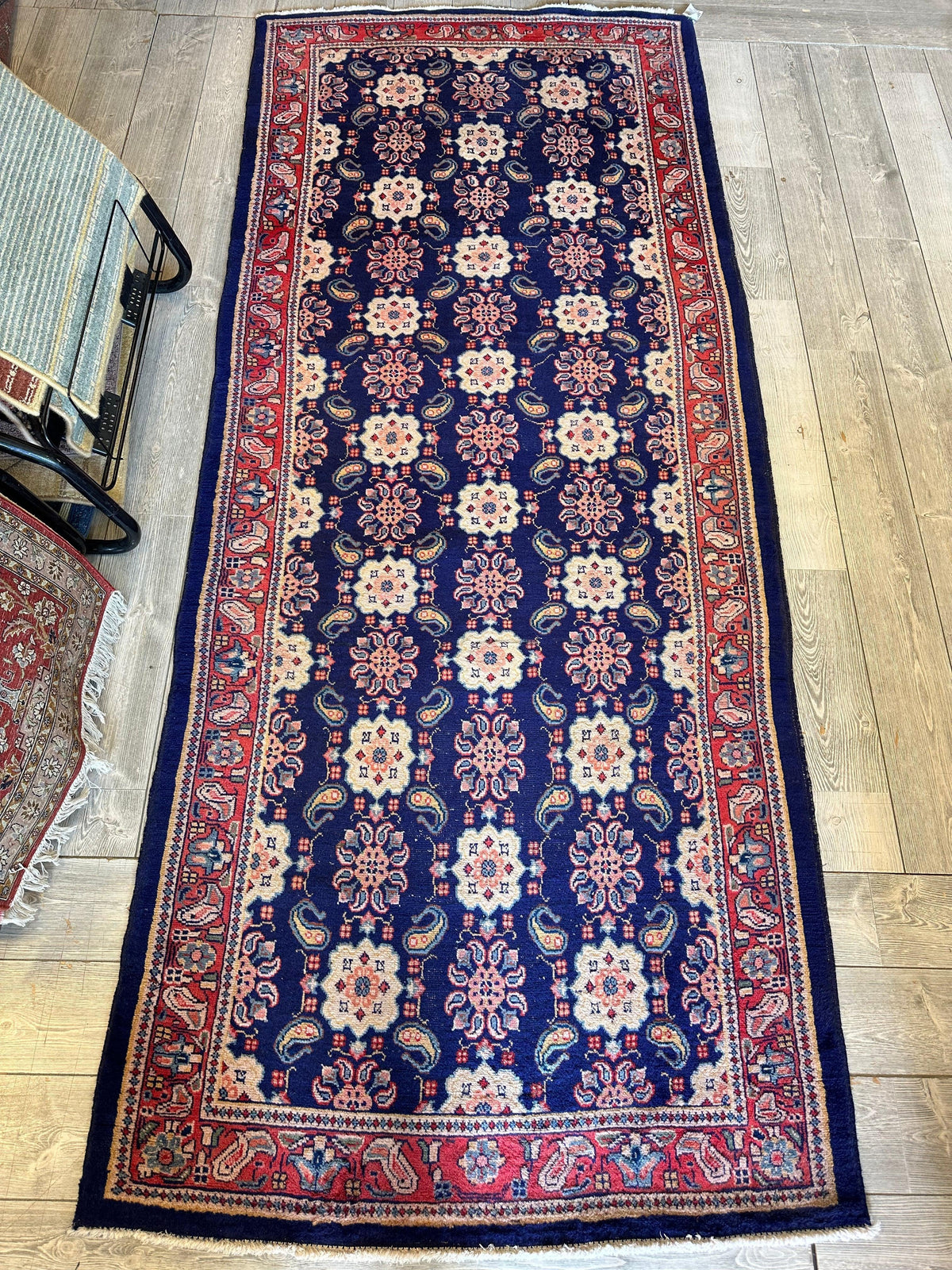 Antique Persian Veramin Runner 4x10 | Navy, Beige & Red | Hand-Knotted Wool - Rugistan, view 6
