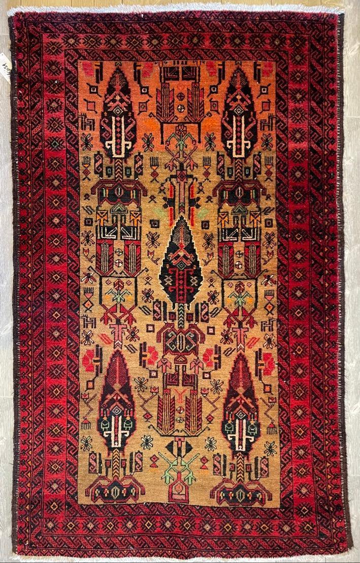 Vintage Persian Baluch Rug 4x6 | Beige, Red & Burgundy | Hand-Knotted Wool - Rugistan