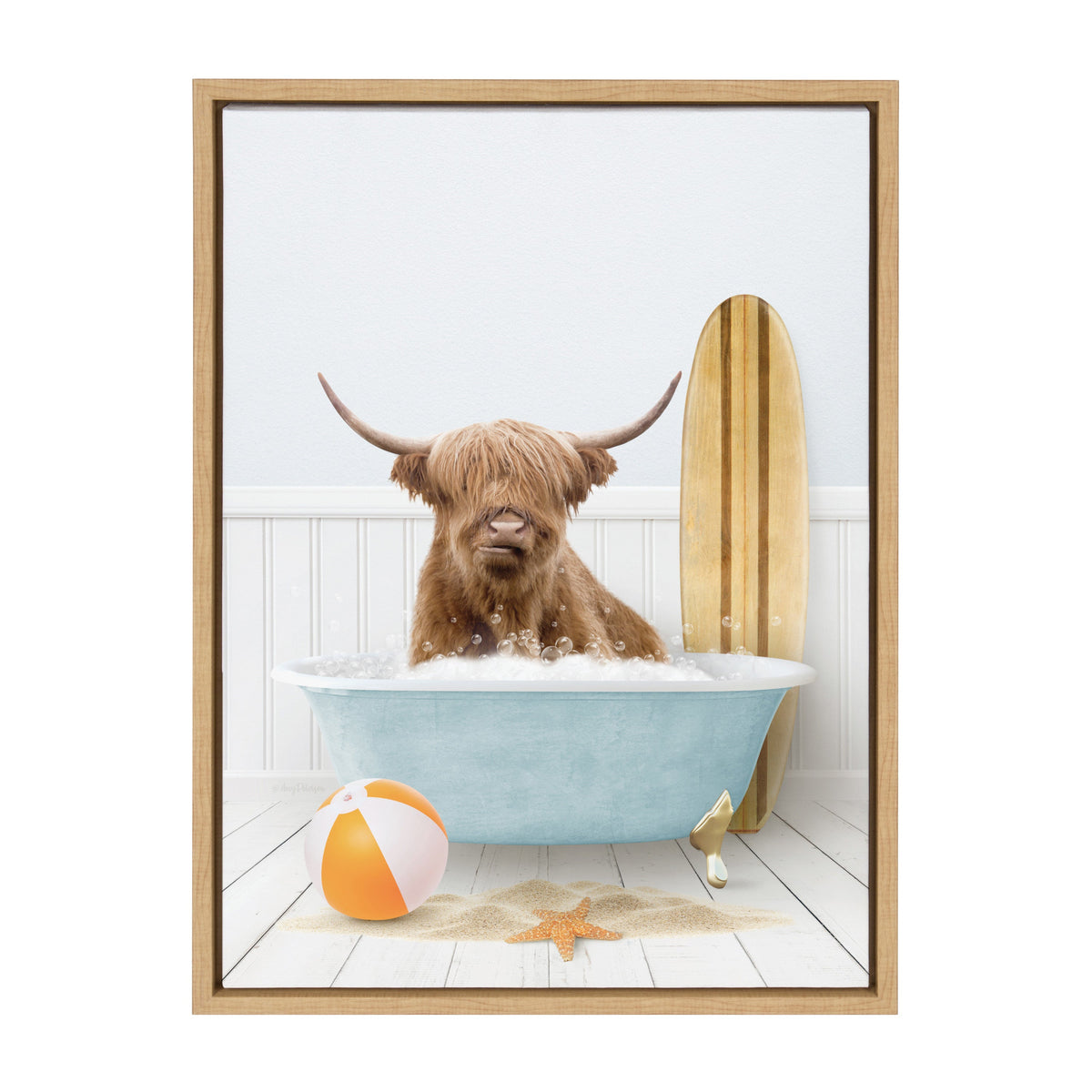 Sylvie Highland Cow Beach House Bath with Surfboard Framed Canvas by Amy Peterson
