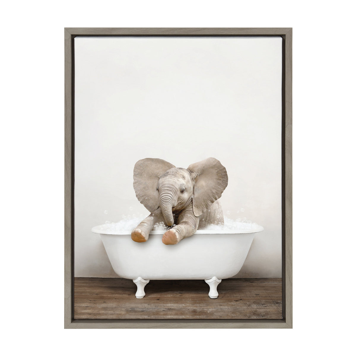 Sylvie Baby Elephant No 6 in Rustic Bath Framed Canvas by Amy Peterson Art Studio