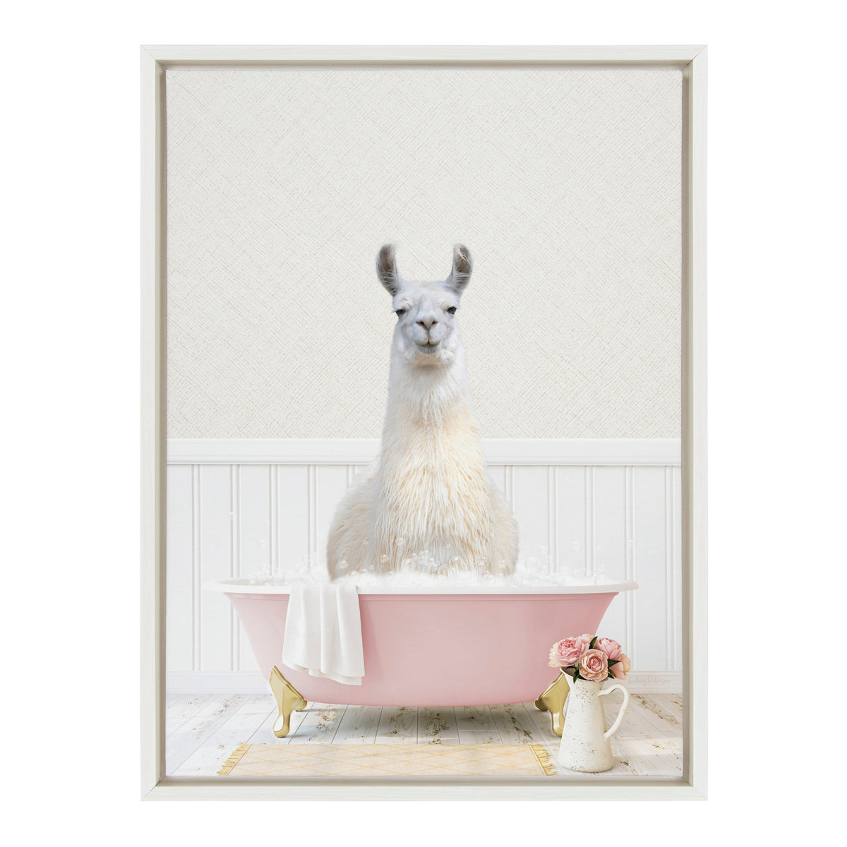 Sylvie Llama in Cottage Rose Bath Framed Canvas by Amy Peterson Art Studio