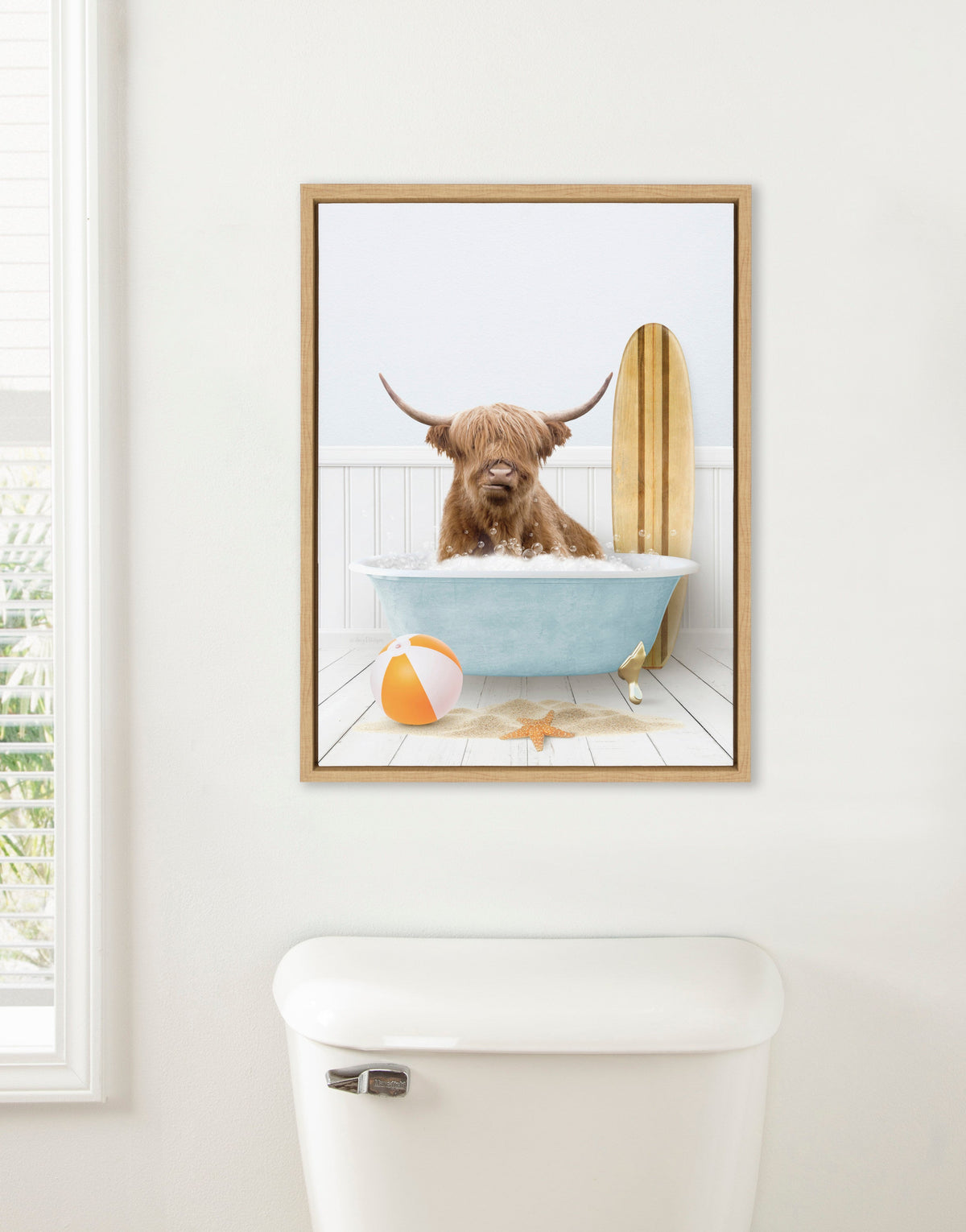 Sylvie Highland Cow Beach House Bath with Surfboard Framed Canvas by Amy Peterson