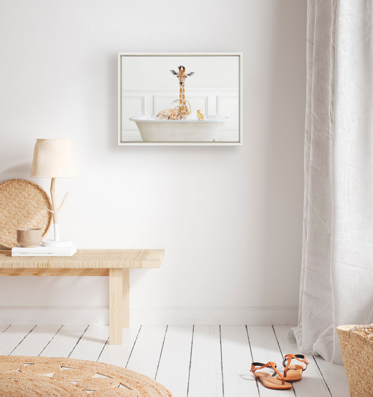 Sylvie Giraffe In Bubble Bath Neutral Style Framed Canvas by Amy Peterson Art Studio