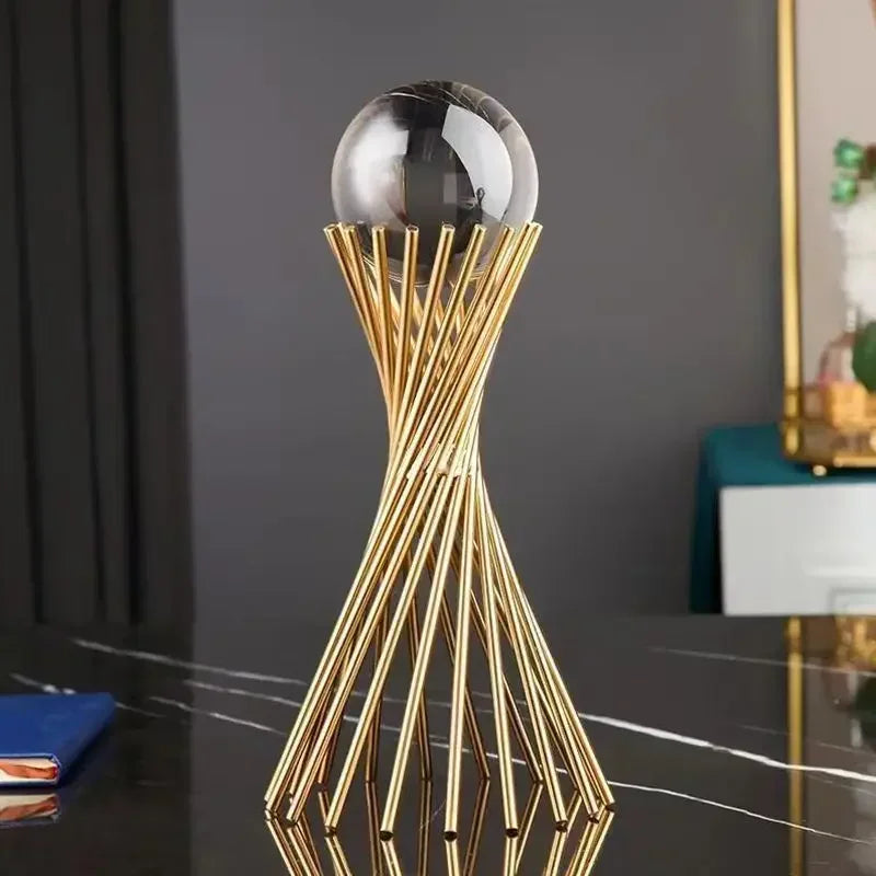 Geometric Crystal Ball Statue with Gold Twisted Rods for Your Desk