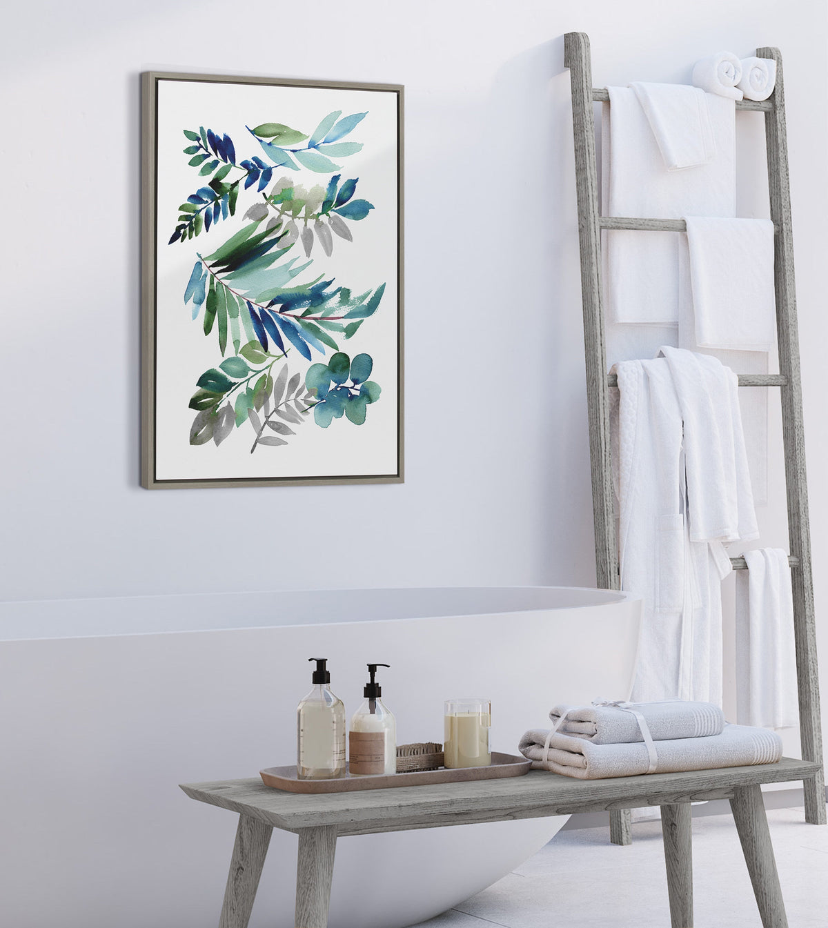 Sylvie Tropic Leaves Blue Framed Canvas by Sara Berrenson