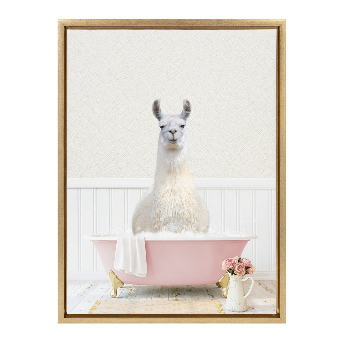 Sylvie Llama in Cottage Rose Bath Framed Canvas by Amy Peterson Art Studio