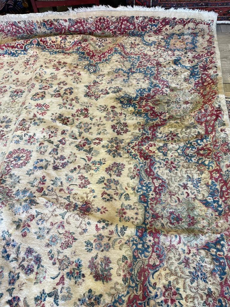 Antique Persian Kerman Rug 10x13 | Ivory, Pink & Red | Hand-Knotted Wool - Rugistan, view 5