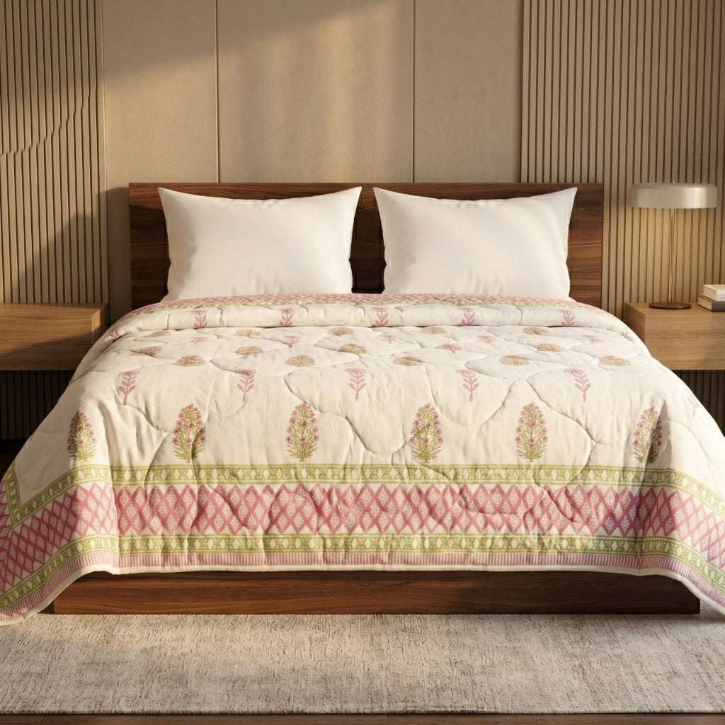 Cream & Rose Pink Floral Jaipur Indian Hand Block Print Quilted Comforter — House of Avana, view 1 of 5