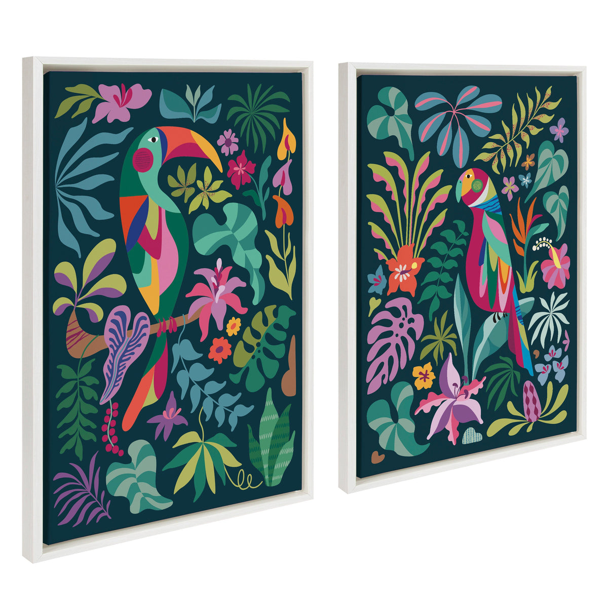 Sylvie Tropical Parrot and Tropical Toucan Framed Canvas Art Set by Rachel Lee
