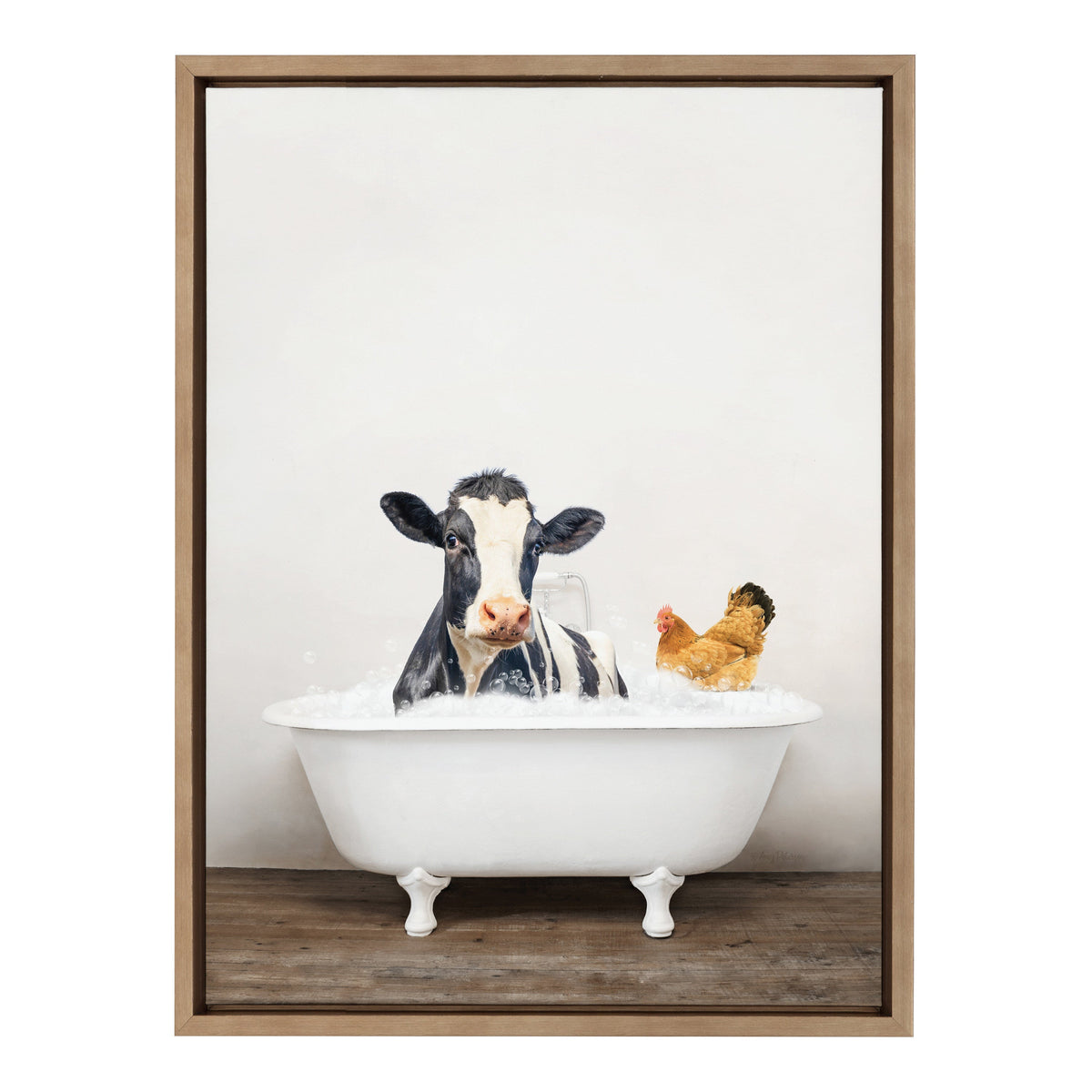 Sylvie Cow and Chicken in Rustic Bath Framed Canvas by Amy Peterson Art Studio