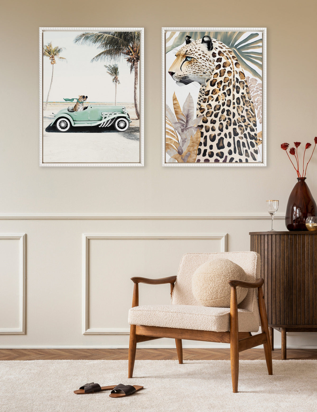 Sylvie Beaded Leopard in Car Beach Palms Framed Canvas by July Art Prints