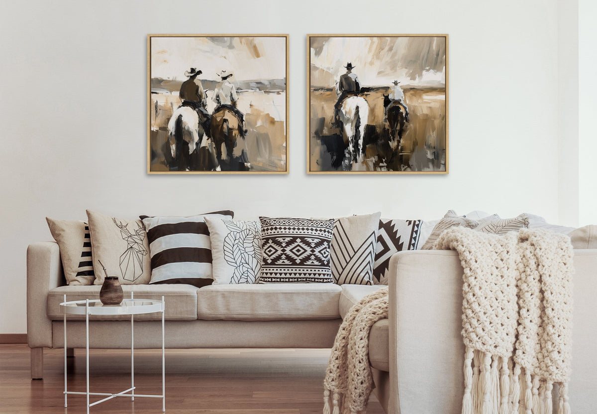 Sylvie Western Cowboy Horseback Ranch Abstract Neutral 1 Framed Canvas by The Creative Bunch Studio