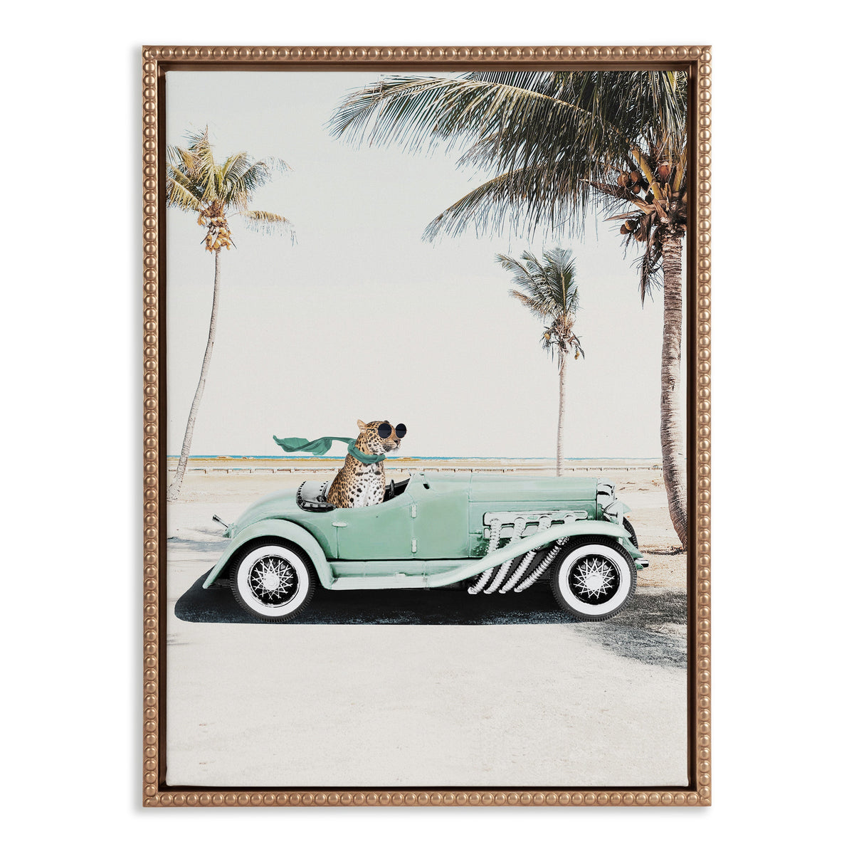 Sylvie Beaded Leopard in Car Beach Palms Framed Canvas by July Art Prints