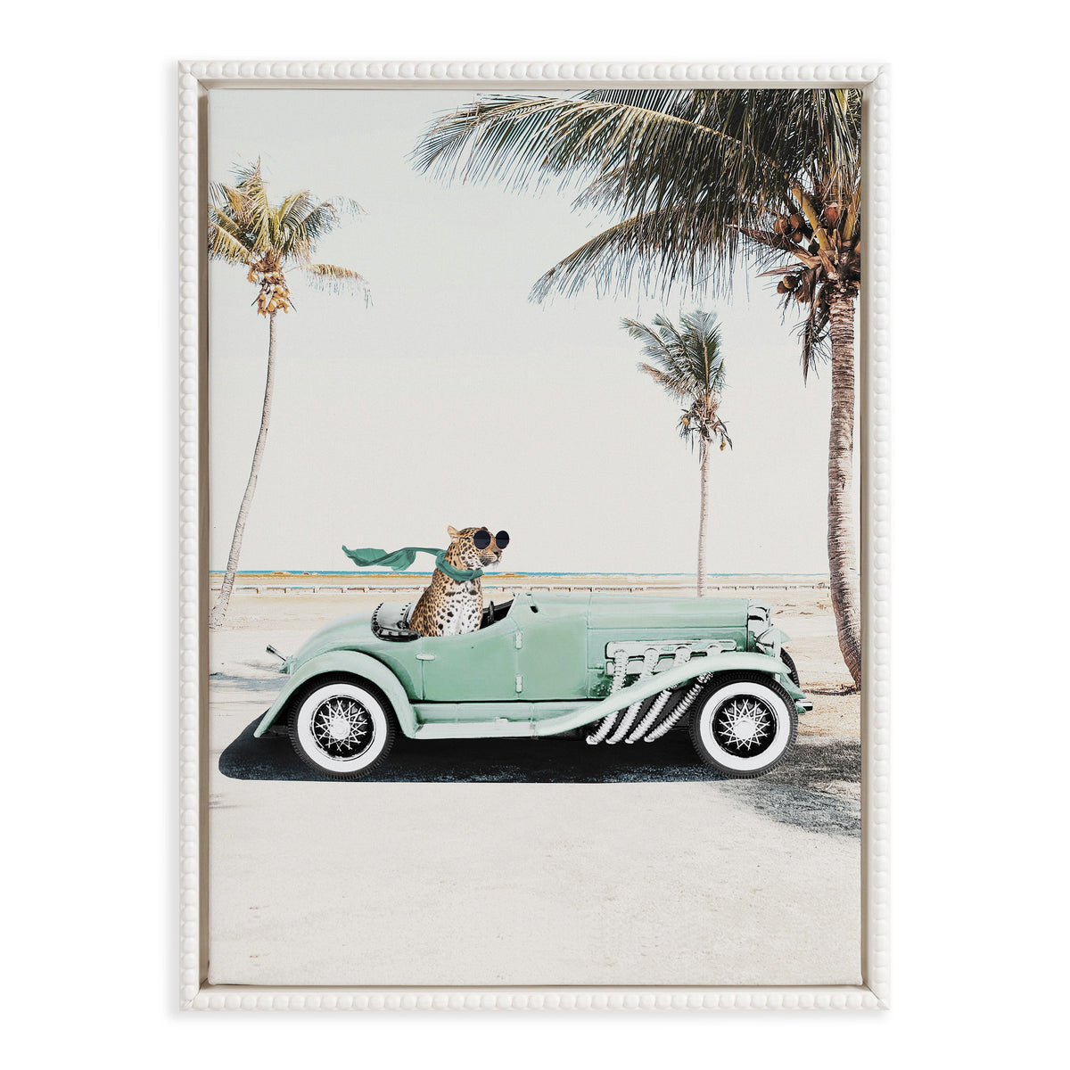 Sylvie Beaded Leopard in Car Beach Palms Framed Canvas by July Art Prints