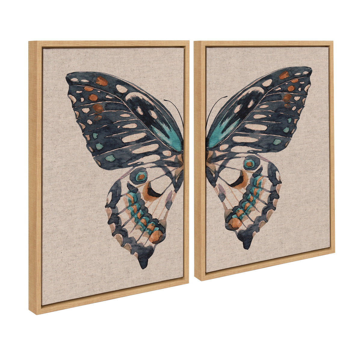 Sylvie Boho Butterfly Watercolor Diptych Neutral Linen Framed Canvas Art Set by The Creative Bunch Studio