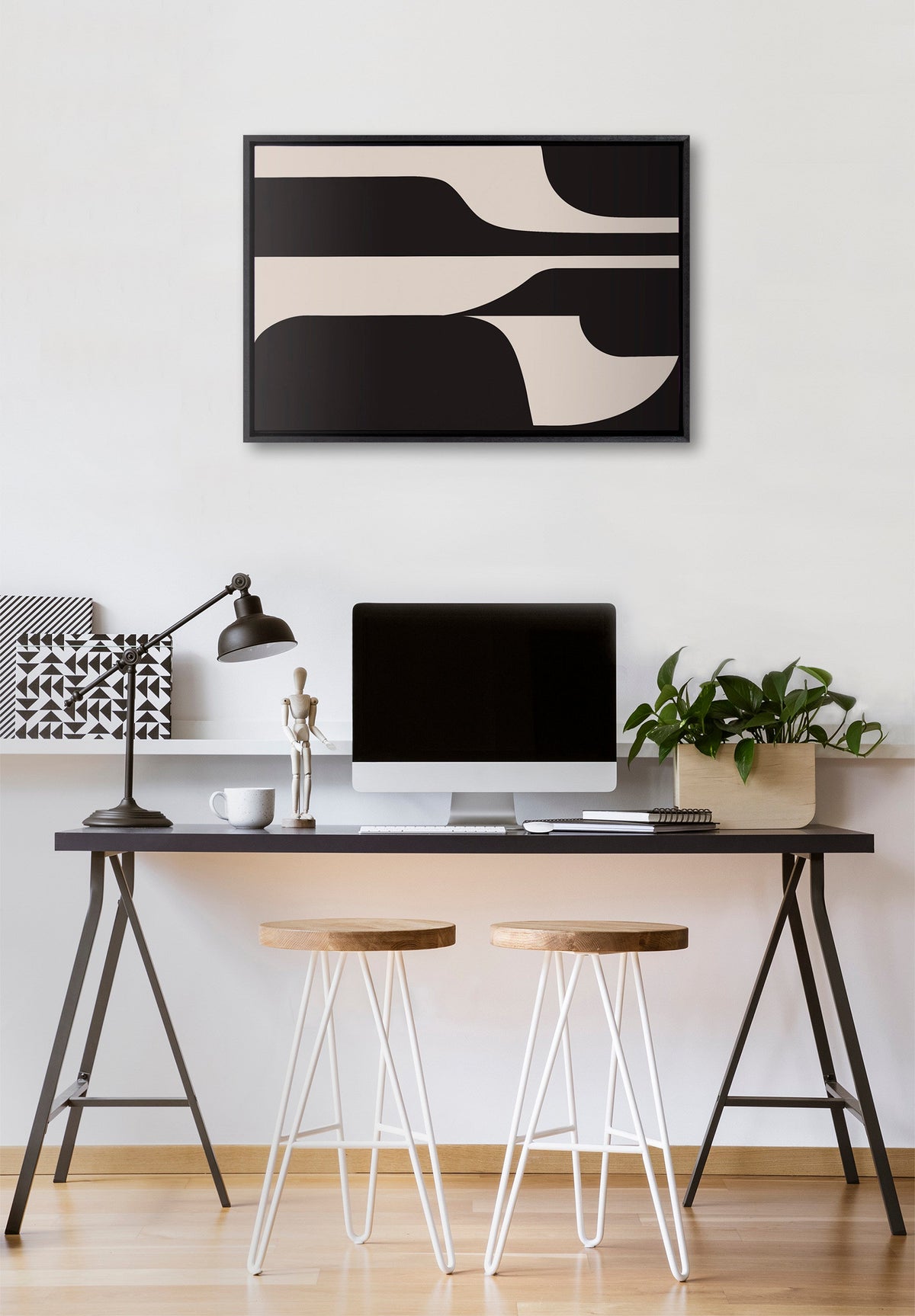 Sylvie Eye Catching Sleek Abstract 6 Black and Beige Framed Canvas by The Creative Bunch Studio