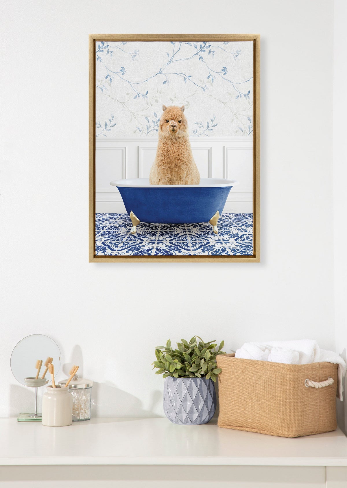 Sylvie Alpaca In Eclectic Blue Bath Framed Canvas by Amy Peterson Art Studio
