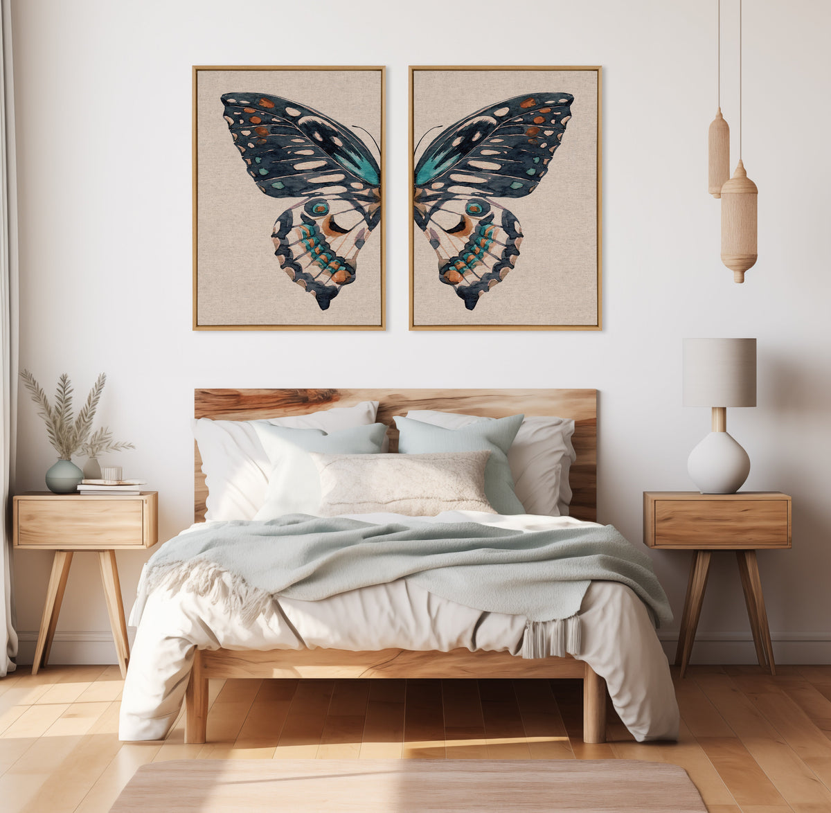 Sylvie Boho Butterfly Watercolor Diptych Neutral Linen Framed Canvas Art Set by The Creative Bunch Studio