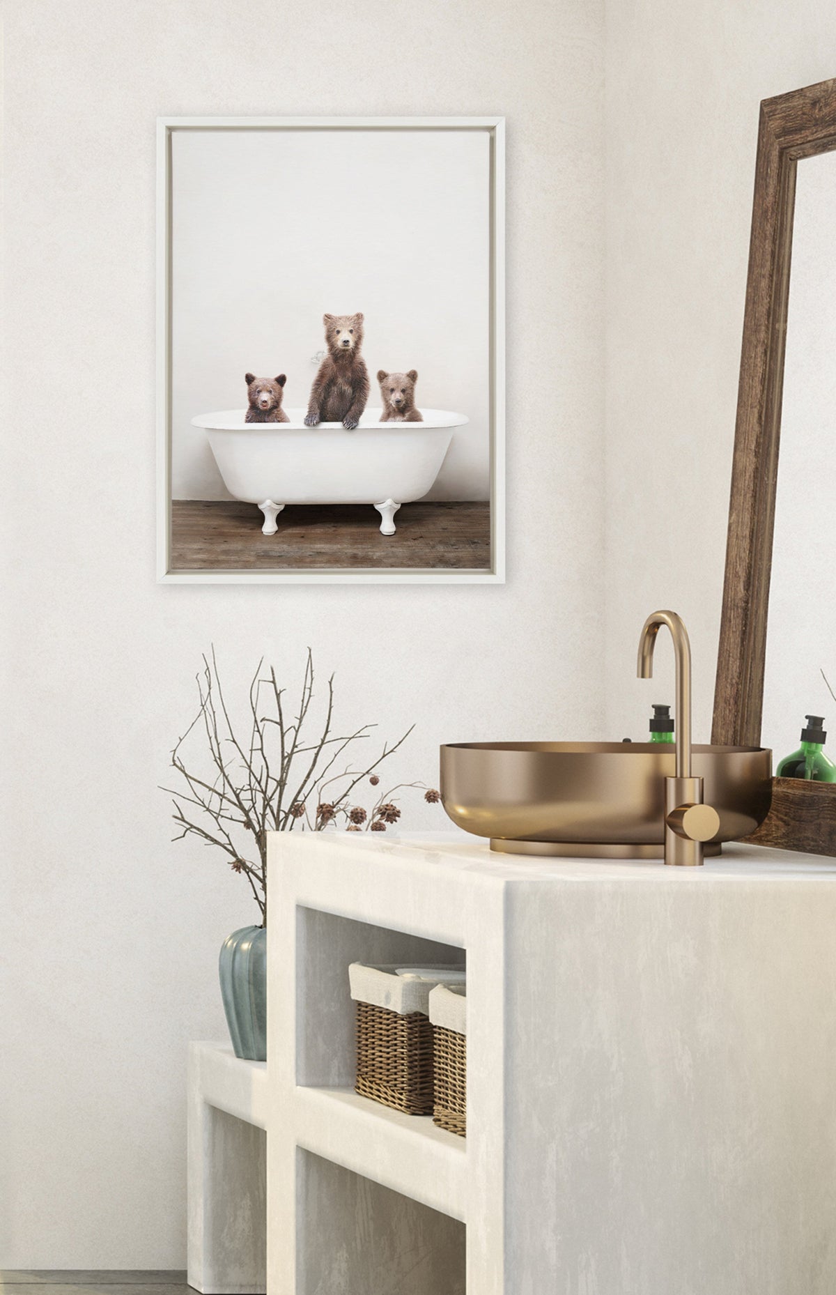 Sylvie Three Little Bears in Vintage Bathtub Framed Canvas by Amy Peterson Art Studio
