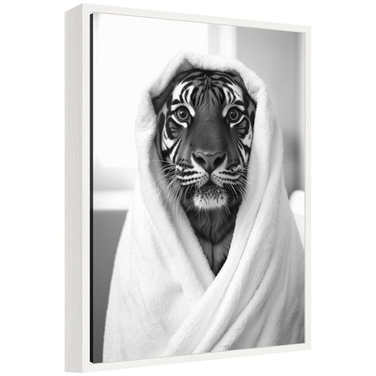Sylvie Tiger Bathroom Art Towel Robe Black and White Framed Canvas by The Creative Bunch Studio