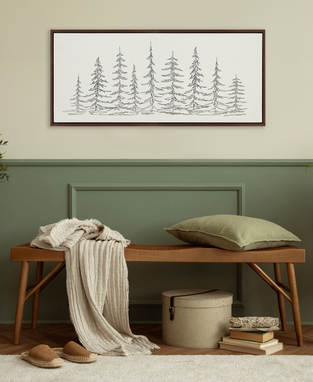 Sylvie Minimalist Evergreen Trees Sketch Framed Canvas by The Creative Bunch Studio