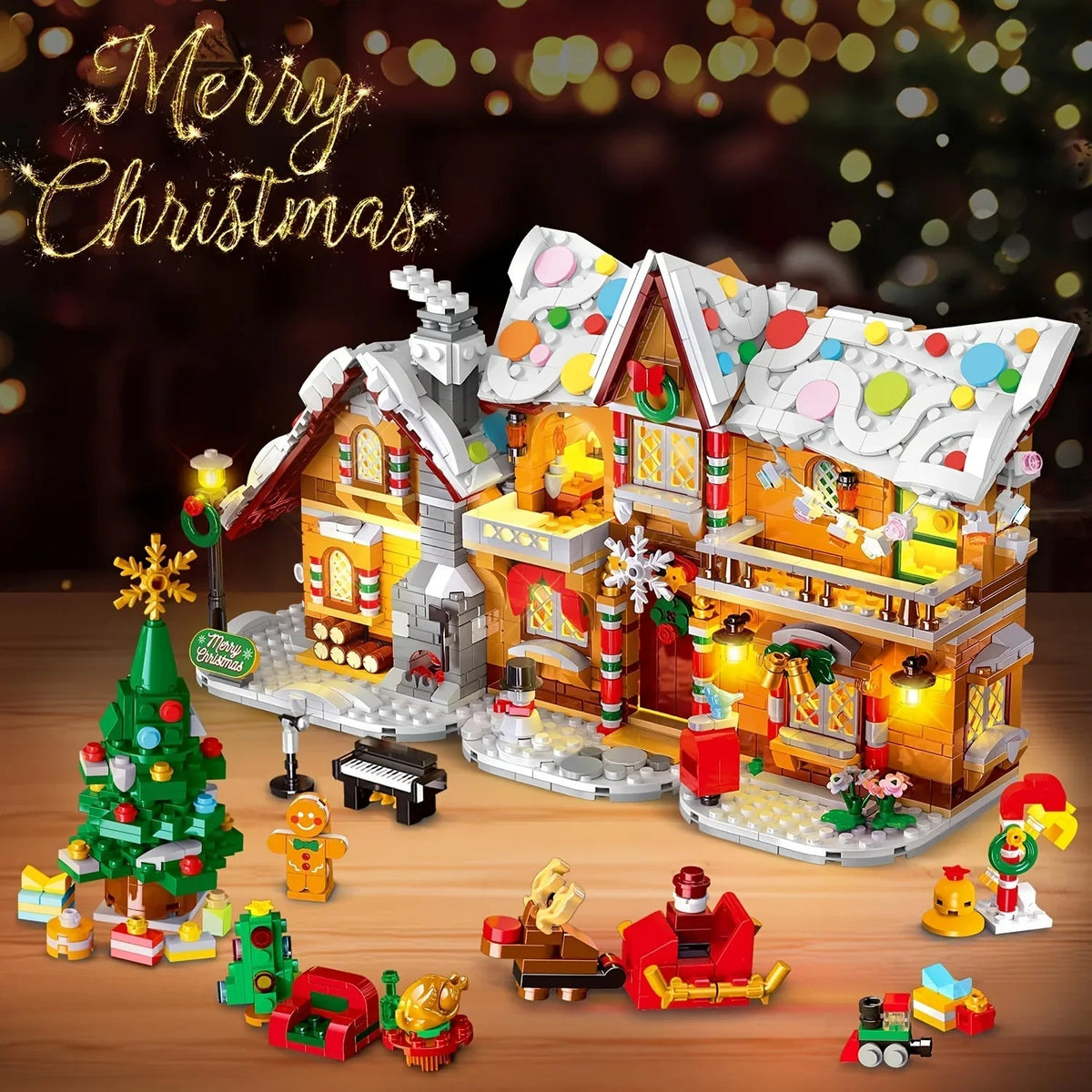 LED Christmas Village Building Blocks Set with Train & Santa