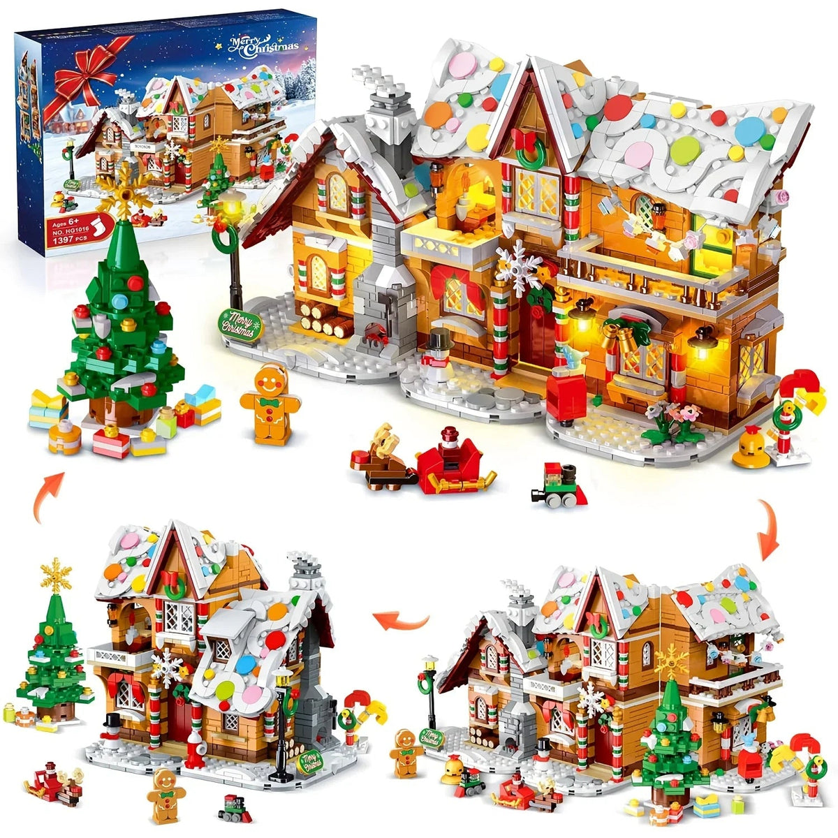 LED Christmas Village Building Blocks Set with Train & Santa