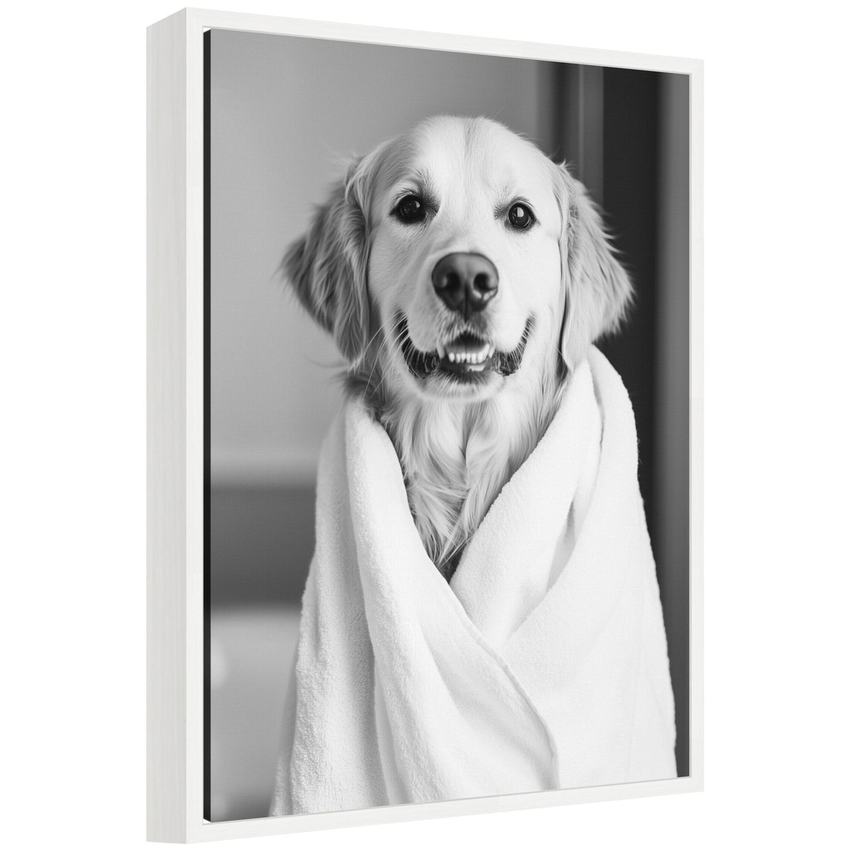 Sylvie Golden Retriever Bathroom Towel Robe Black and White Framed Canvas by The Creative Bunch Studio