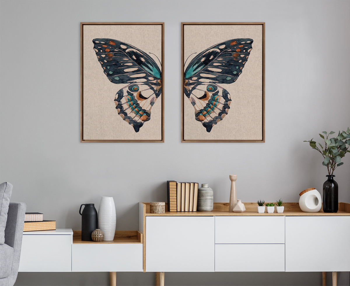 Sylvie Boho Butterfly Watercolor Diptych Neutral Linen Framed Canvas Art Set by The Creative Bunch Studio
