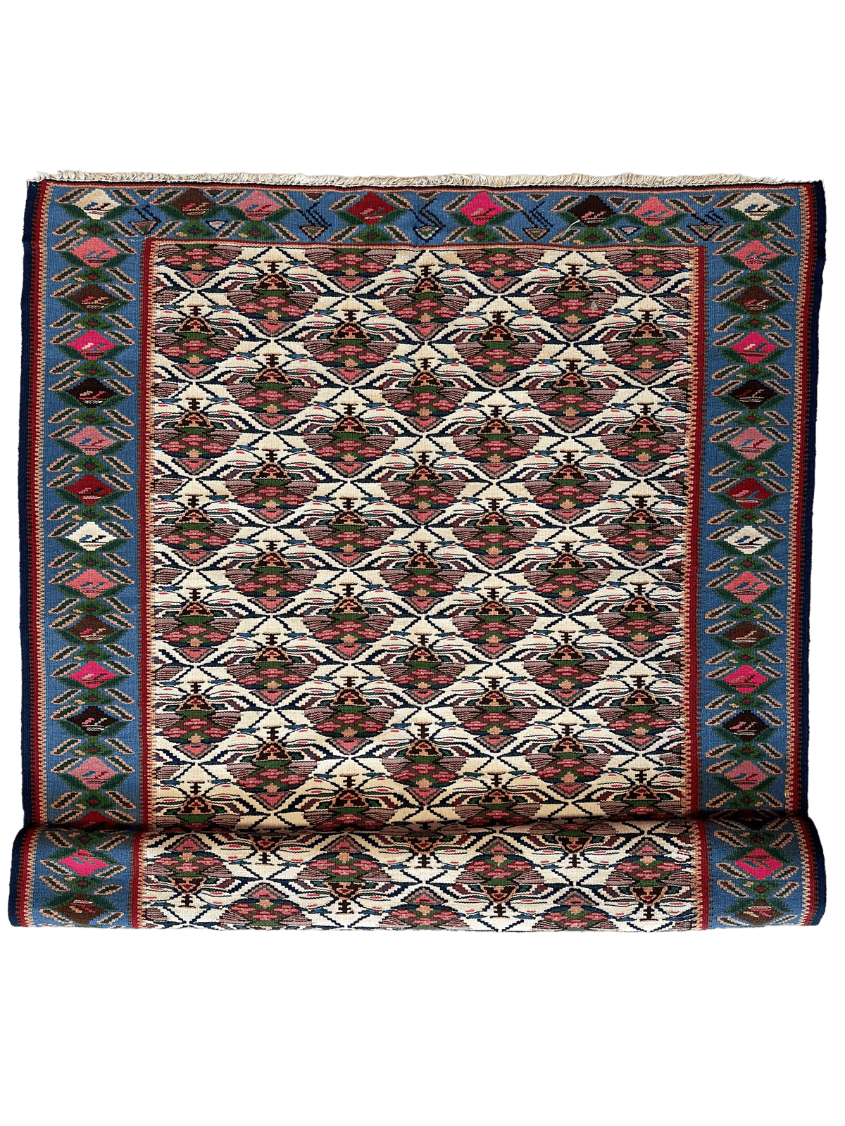 Vintage Persian Senneh Kilim Rug 4x9 | Ivory, Red & Blue | Hand-Woven Wool Flatweave - Rugistan