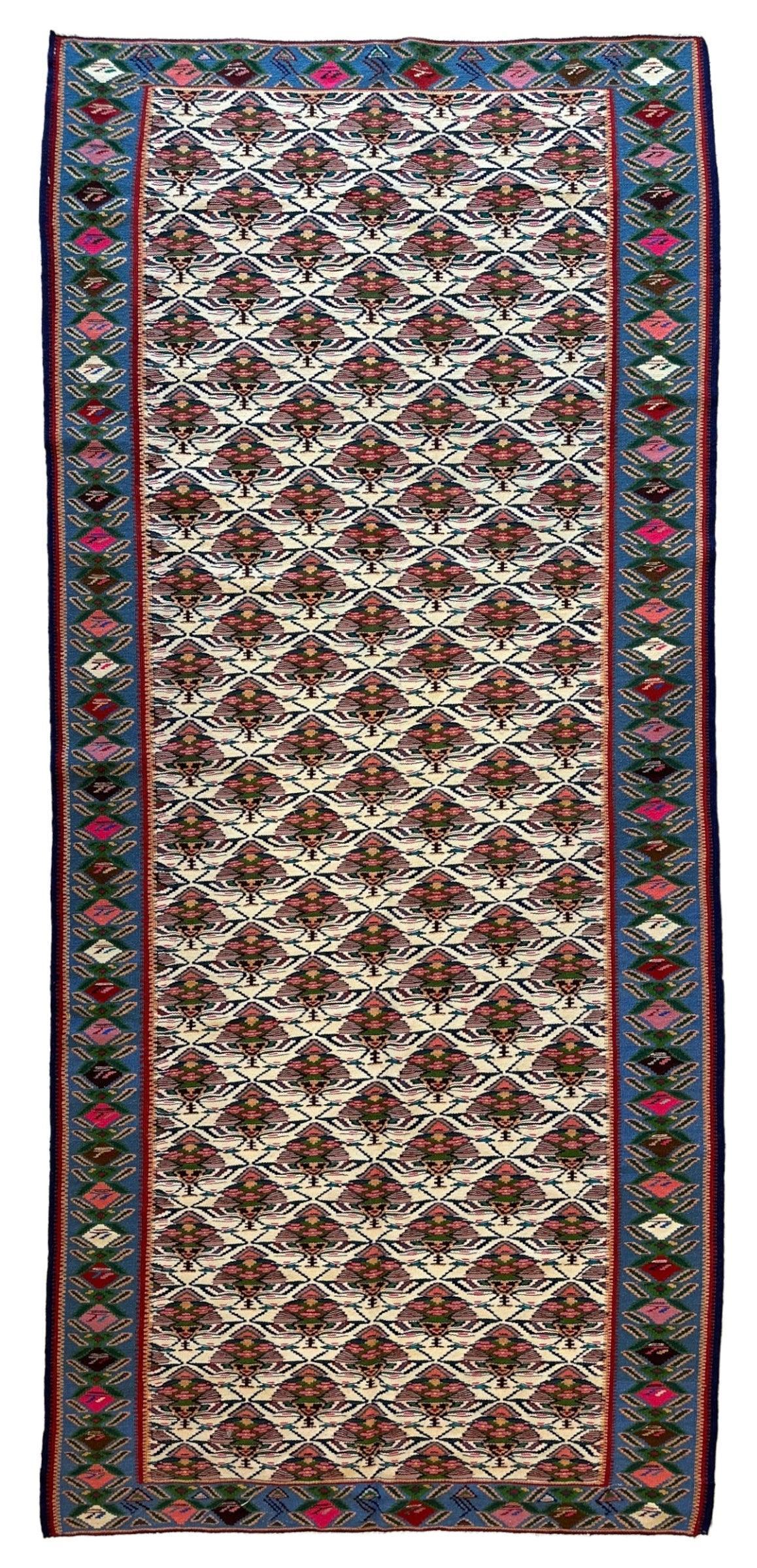 Vintage Persian Senneh Kilim Rug 4x9 | Ivory, Red & Blue | Hand-Woven Wool Flatweave - Rugistan, view 2