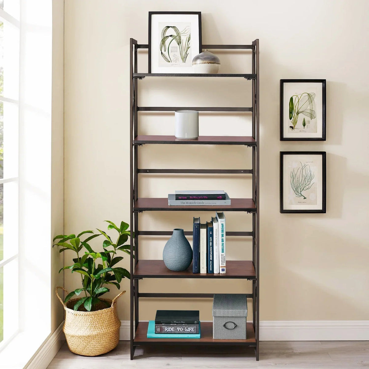 Metal 5 Shelf Folding Bookshelf Industrial Frame