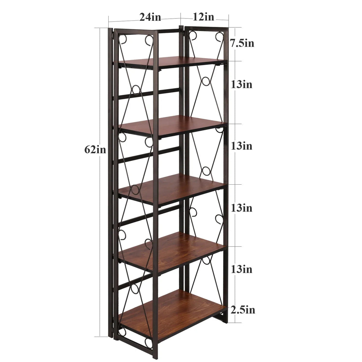 Metal 5 Shelf Folding Bookshelf Industrial Frame
