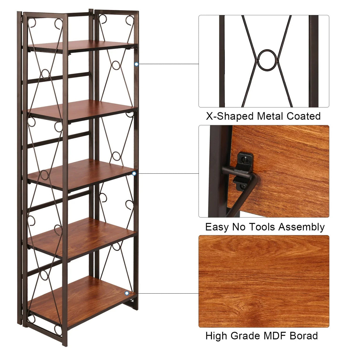 Metal 5 Shelf Folding Bookshelf Industrial Frame