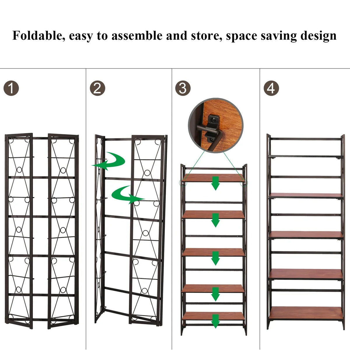 Metal 5 Shelf Folding Bookshelf Industrial Frame