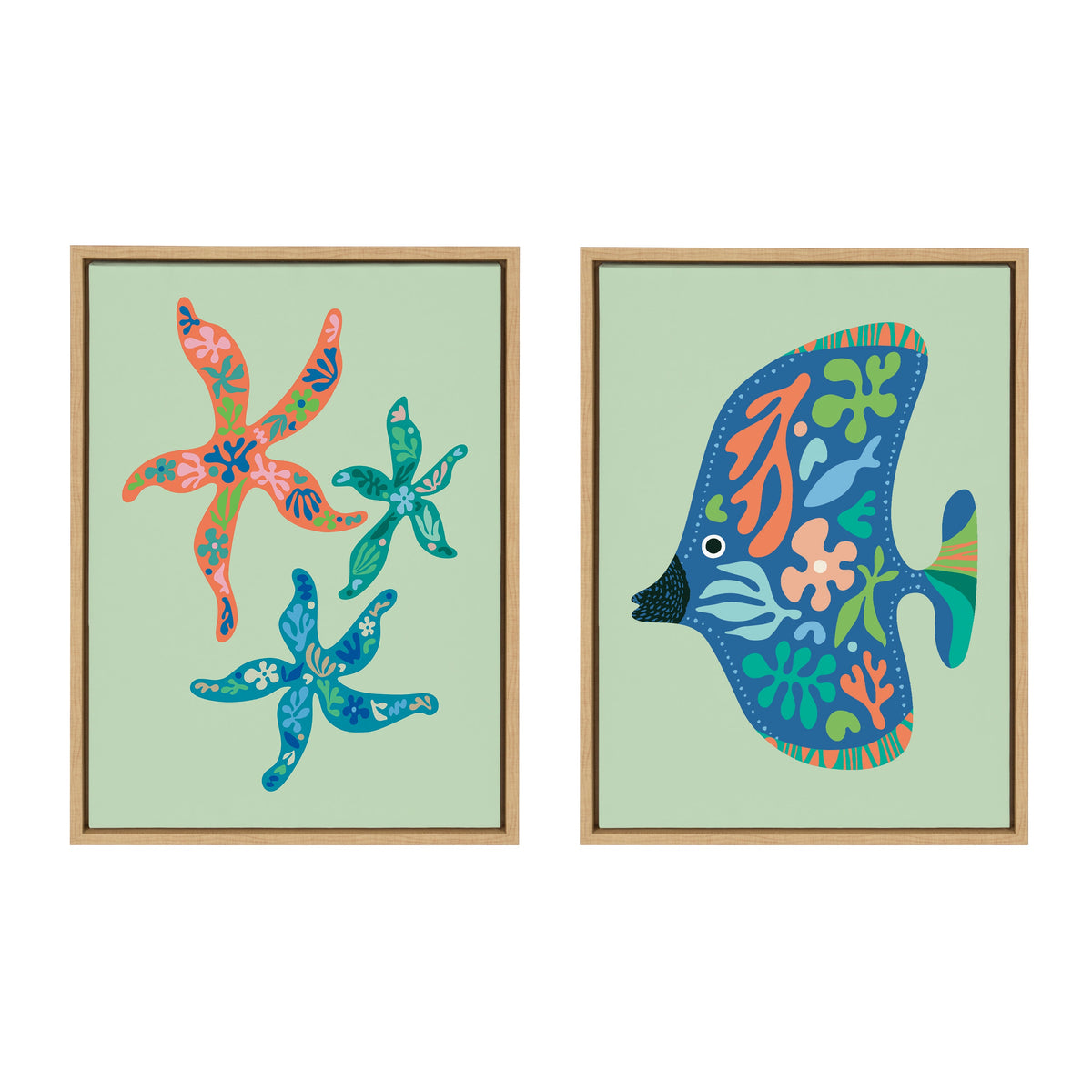 Sylvie Modern Colorful Starfish and Modern Colorful Tropical Fish Framed Canvas Art Set by Rachel Lee
