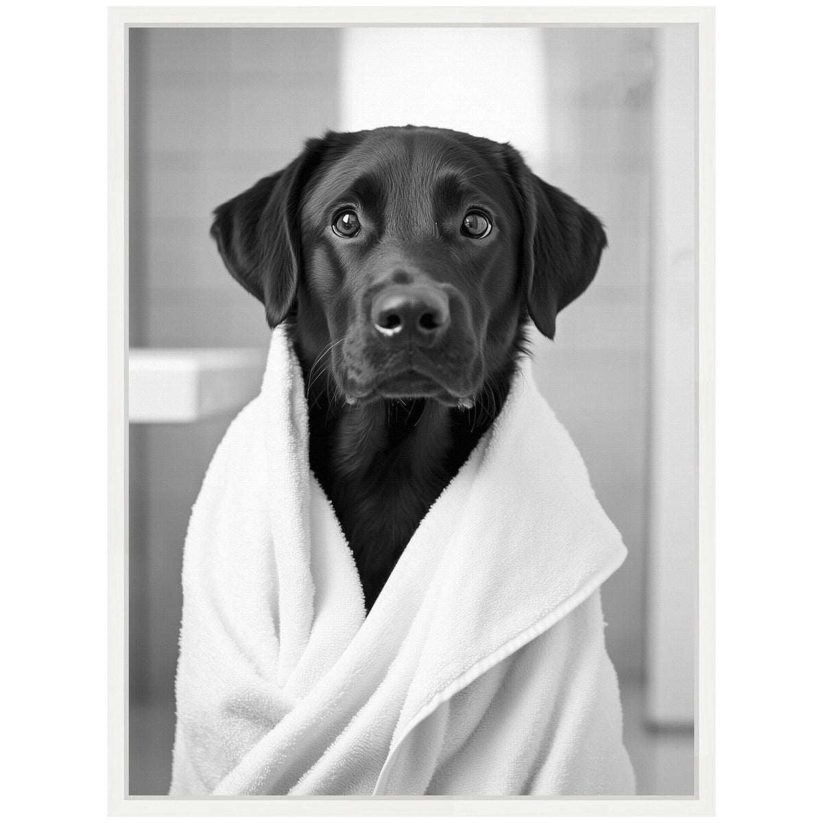 Sylvie Black Lab Bathroom Art Towel Robe Black and White Framed Canvas by The Creative Bunch Studio