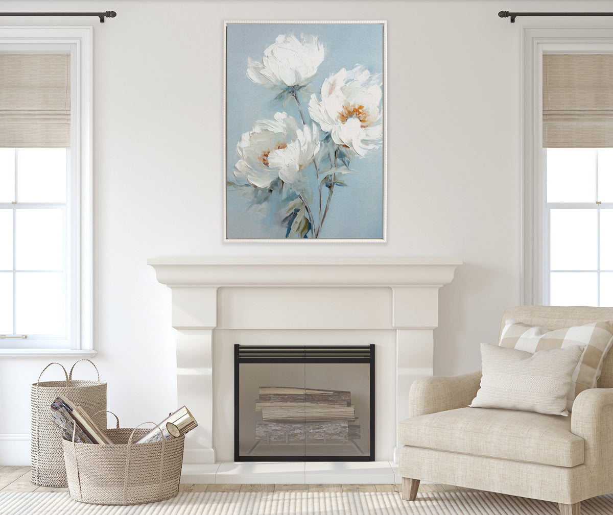 Sylvie Beaded White Peonies on Ocean Blue Framed Canvas by The Creative Bunch Studio