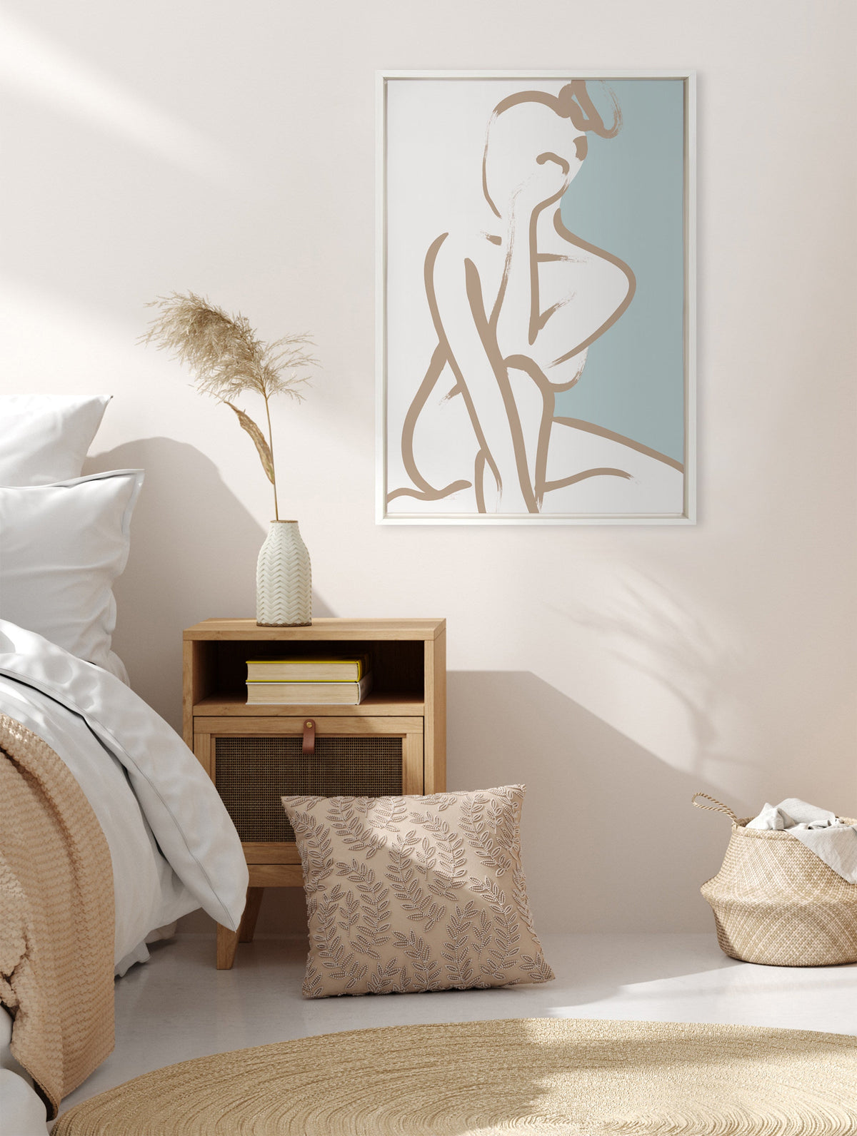 Sylvie Simple Romantic Line Art Drawing 1 Tan and Teal Framed Canvas by The Creative Bunch Studio